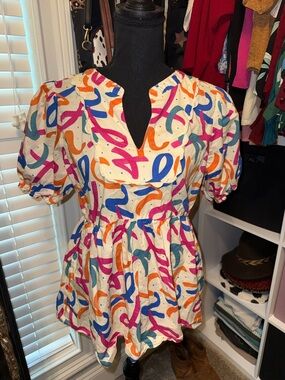 Umgee Cream Multicolor Abstract Puff-Sleeve Peplum Top